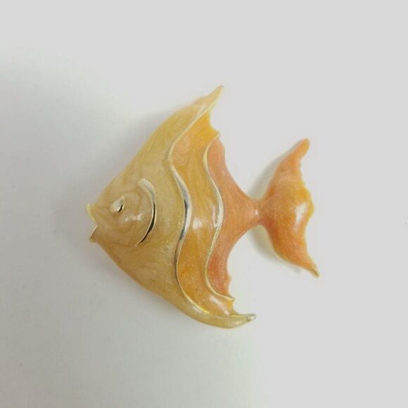 Vintage Orange Yellow Enamel Angel Fish Shape Brooch, Retro Animal Lapel Pin - Picture 2 of 6